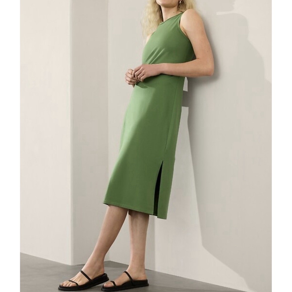 Athleta Essential Midi Dress Sleeveless Scoop Neck Supima Cotton Green Sz L Tall